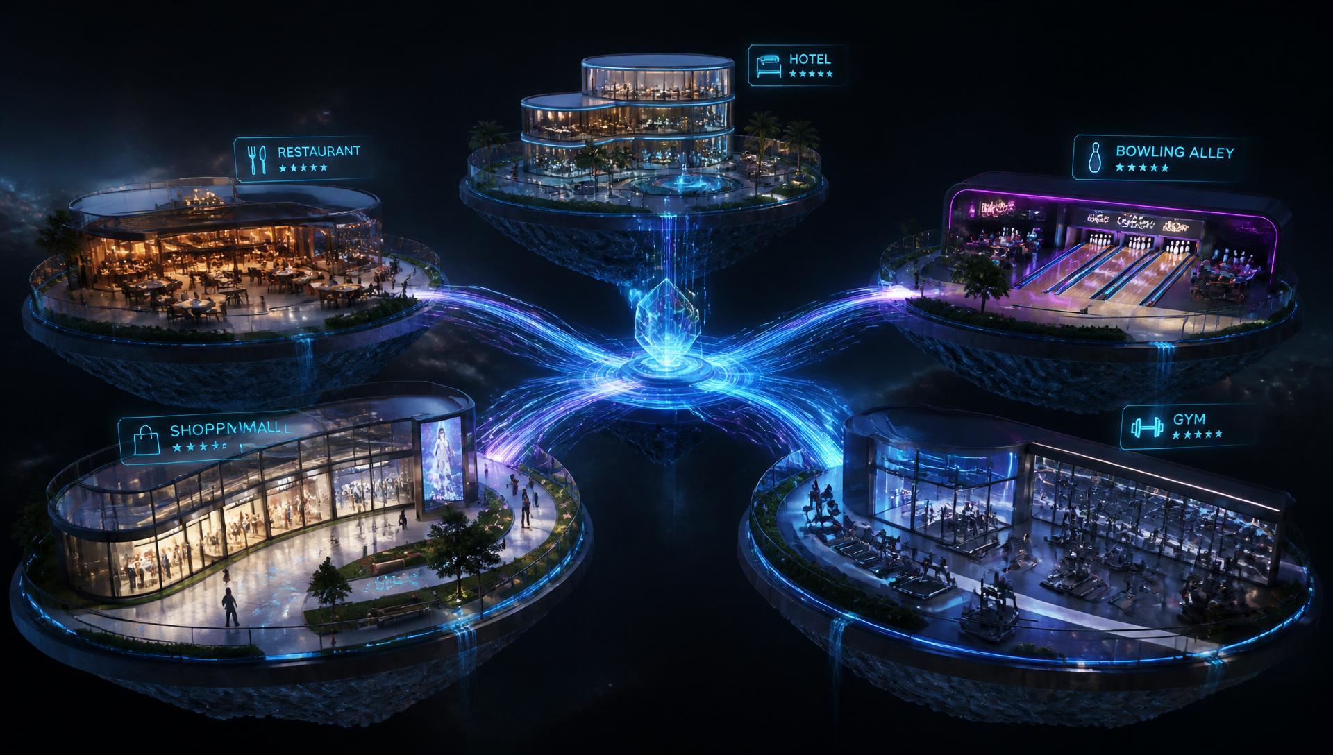 Concept of connected leisure venues with a central VR experience